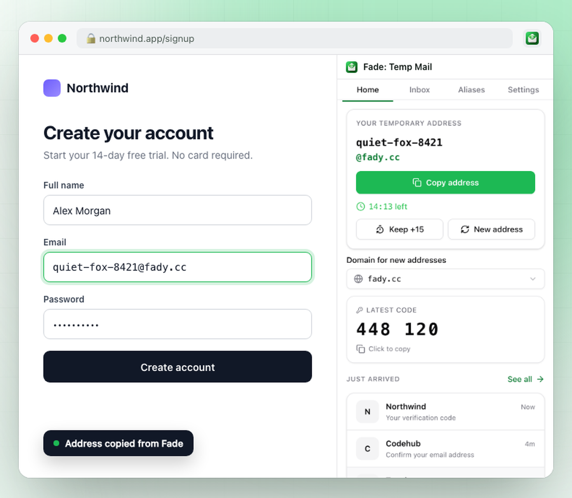 The Fade side panel open beside a signup form in Chrome, showing a temporary address, its expiry countdown and a Copy address button.