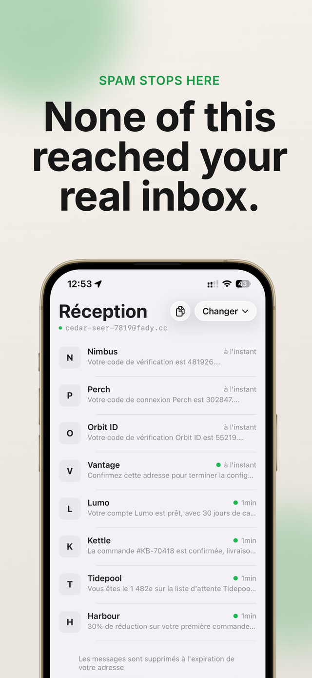 A Fade inbox filling with marketing email and receipts, none of which reached the user's real address.